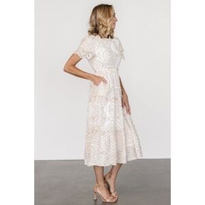 Baltic Born Eyelet Tiered Midi Dress White Tan Flor Embroidery Short Sleeve NWT
